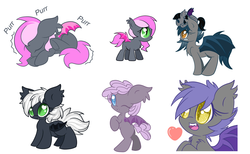 Size: 2880x1772 | Tagged: safe, artist:starlightlore, oc, oc only, oc:heartbeat, oc:midnight blossom, oc:sirocca, oc:speck, bat pony, pony, blank flank, cute, heart eyes, plushie