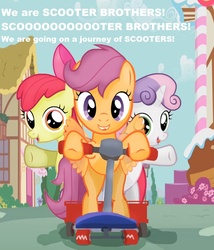 Size: 1024x1197 | Tagged: safe, apple bloom, scootaloo, sweetie belle, g4, cutie mark crusaders, grand theft auto, scooter, scooter brothers, text, trevor philips, youtube link