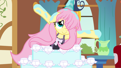 Size: 5760x3240 | Tagged: safe, artist:beavernator, fluttershy, g4, absurd resolution, alternate hairstyle, cake, female, floppy ears, hair over one eye, long mane, popping out of a cake, smiling, solo