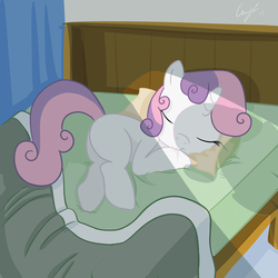 Size: 5000x5000 | Tagged: safe, artist:matimus91, sweetie belle, g4, absurd resolution, bed, cute, diasweetes, door, female, hoof sucking, morning ponies, show accurate, sleeping, solo
