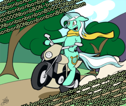 Size: 973x822 | Tagged: dead source, safe, artist:tlatophat, lyra heartstrings, g4, clothes, female, implied bon bon, lyra finds a blob on the floor, motorcycle, scarf, solo, tree