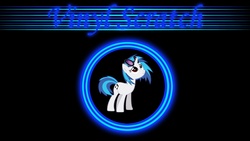 Size: 1920x1080 | Tagged: safe, artist:djthunderbolt, dj pon-3, vinyl scratch, pony, unicorn, g4, circle, cutie mark, female, glasses, hooves, horn, mare, smiling, solo, sunglasses, text, vector, vinyl's glasses, wallpaper