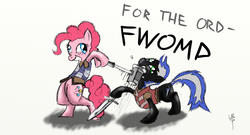 Size: 1366x738 | Tagged: safe, artist:lordbovine, pinkie pie, oc, g4, chivalry medieval warfare, hammer, text