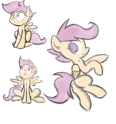 Size: 1010x1080 | Tagged: safe, artist:whatsapokemon, scootaloo, pegasus, pony, g4, blank flank, cute, cutealoo, female, filly, foal, folded wings, shrunken pupils, simple background, sitting, solo, spread wings, white background, wings