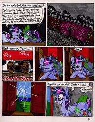 Size: 1280x1643 | Tagged: safe, artist:newyorkx3, spike, twilight sparkle, alicorn, pony, comic:twilight and the big city, g4, comic, female, mare, rain, traditional art, train, twilight sparkle (alicorn)