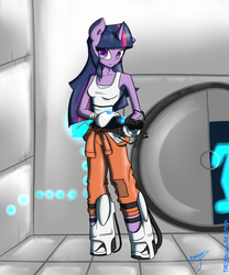 Size: 1500x1800 | Tagged: safe, artist:xonitum, twilight sparkle, anthro, g4, ambiguous facial structure, chell, clothes, crossover, female, portal (valve), reference, solo, tank top