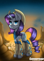 Size: 1100x1500 | Tagged: safe, artist:gamermac, rarity, g4, backlighting, bandana, boots, clothes, female, hat, hoof boots, solo, western