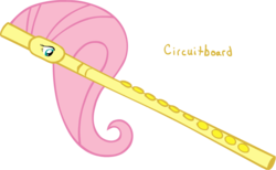Size: 898x554 | Tagged: safe, artist:circuitboard, fluttershy, g4, ambiguous gender, eye, flute, musical instrument, pun, solo, species swap, wat