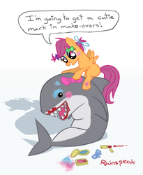 Size: 810x987 | Tagged: safe, artist:rainspeak, scootaloo, shark, g4, duo, eyeshadow, lipstick, makeup