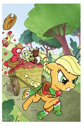 Size: 660x1002 | Tagged: safe, artist:billforster, apple bloom, applejack, big macintosh, granny smith, winona, earth pony, pony, g4, apple family, cart, clothes, dress, gala dress, male, riding, stallion, working