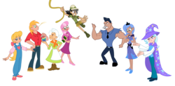 Size: 2624x1300 | Tagged: safe, artist:trinityinyang, big macintosh, cheerilee, daring do, granny smith, iron will, megan williams, princess luna, trixie, human, g4, buff, diverse body types, female, height difference, human female, human male, humanized, male, muscles, physique difference, s1 luna, simple background, slender, thin, transparent background