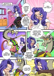 Size: 741x1047 | Tagged: safe, artist:natsumemetalsonic, discord, rarity, human, comic:vore is magic too, g4, clothes, comic, dress, dressmaking, humanized, imminent vore, innuendo, light skin, messy mane, sewing