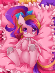 Size: 480x640 | Tagged: dead source, safe, artist:loyaldis, princess cadance, alicorn, pony, g4, bed, bow, c:, cute, cutedance, diabetes, female, fluffy, hair bow, heart eyes, hooves, looking at you, on back, pegasus cadance, pillow, ponytail, smiling, solo, underhoof, unshorn fetlocks, wingding eyes, younger