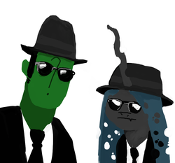 Size: 865x805 | Tagged: safe, artist:ciircuit, queen chrysalis, oc, oc:anon, human, g4, blues brothers, clothes, hat, suit, sunglasses