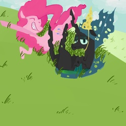 Size: 1000x1000 | Tagged: safe, artist:ciircuit, pinkie pie, queen chrysalis, g4, cheese, cheese hat, hat