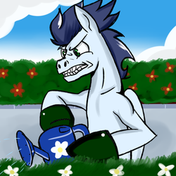 Size: 894x894 | Tagged: safe, artist:glasdale, soarin', g4, garden, male, rage, solo, watering can