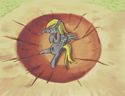 Size: 832x640 | Tagged: safe, artist:ciircuit, derpy hooves, pegasus, pony, g4, butt, crater, dragon ball, dragon ball z, female, impact, mare, plot, solo, yamcha, yamcha's death pose