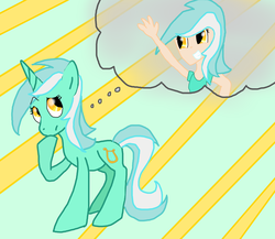 Size: 2264x1963 | Tagged: safe, artist:fluffysnail, lyra heartstrings, human, pony, unicorn, g4, abstract background, dream, female, humanized, light skin, solo, thought bubble