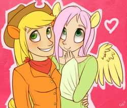 Size: 800x678 | Tagged: safe, artist:fox-feathers, applejack, fluttershy, human, g4, eared humanization, female, humanized, lesbian, light skin, ship:appleshy, shipping, winged humanization