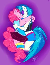 Size: 1155x1495 | Tagged: safe, artist:collaredginger, dj pon-3, pinkie pie, vinyl scratch, anthro, g4, blushing, chubby, female, happy, hug, lesbian, shipping, vinylpie