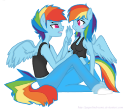 Size: 900x803 | Tagged: dead source, source needed, safe, artist:jaquelindreamz, rainbow dash, anthro, g4, clothes, duo, rainbow blitz, rule 63, self ponidox, socks, tank top