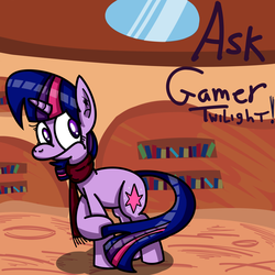 Size: 3600x3600 | Tagged: safe, artist:misterhailfire, artist:mrdynasty, twilight sparkle, g4, askgamertwilight, clothes, female, gamer, library, scarf, solo, tumblr