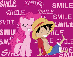 Size: 900x695 | Tagged: safe, artist:kitsune-chan, pinkie pie, g4, crossover, monkey d. luffy, one piece, smiling