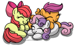 Size: 1280x784 | Tagged: safe, artist:aleximusprime, apple bloom, scootaloo, sweetie belle, earth pony, pegasus, pony, unicorn, g4, apple bloom's bow, blank flank, bow, cuddle puddle, cuddling, cute, cutie mark crusaders, daaaaaaaaaaaw, eyes closed, female, filly, foal, hair bow, lying down, prone, simple background, sleeping, spread wings, transparent background, wings