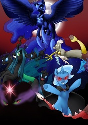 Size: 595x841 | Tagged: safe, artist:quila111, discord, king sombra, nightmare moon, queen chrysalis, trixie, changeling, g4, alicorn amulet, antagonist