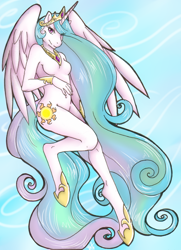 Size: 1594x2202 | Tagged: safe, artist:collaredginger, princess celestia, alicorn, anthro, unguligrade anthro, g4, barbie doll anatomy, bracelet, breasts, featureless breasts, female, hooves, jewelry, looking at you, nudity, sky, solo, wings