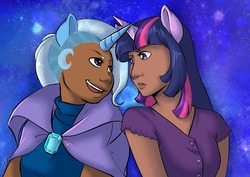Size: 1280x906 | Tagged: safe, artist:collaredginger, trixie, twilight sparkle, human, g4, dark skin, eared humanization, female, horn, horned humanization, horns are touching, humanized, lesbian, ship:twixie, shipping