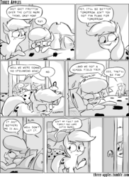 Size: 944x1294 | Tagged: safe, artist:capnpea, apple bloom, applejack, earth pony, pony, comic:three apples, g4, bed, comic, descriptive noise, door, duo, duo female, female, filly, mare, monochrome, night, ouch
