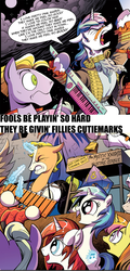 Size: 696x1444 | Tagged: safe, idw, official comic, 8-bit (g4), buck withers, dj pon-3, gaffer, gizmo, long play, observer (g4), princess cadance, shining armor, sweetcream scoops, vinyl scratch, alicorn, earth pony, pony, unicorn, g4, neigh anything, spoiler:comic, spoiler:comic11, adam ant, background pony, boy george, butt, cutie mark, cutiespark, devo, female, filly, filly vinyl scratch, frankie goes to hollywood, glowing horn, horn, keytar, levitation, little girls, magic, magic aura, male, musical instrument, new wave, oingo boingo, plot, telekinesis, the mystic knights of the electric stable, unnamed character, unnamed pony, younger