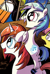 Size: 485x710 | Tagged: safe, artist:andy price, idw, official comic, 33 1-3 lp, dj pon-3, gaffer, long play, sweetcream scoops, vinyl scratch, pony, unicorn, friendship is magic #11, g4, neigh anything, official, spoiler:comic, background pony, butt, cutie mark, cutiespark, ear piercing, earring, female, filly, filly vinyl scratch, happy, jewelry, male, mare, piercing, plot, stallion, younger