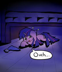 Size: 1280x1478 | Tagged: safe, artist:m_d_quill, twilight sparkle, g4, bed, female, filly, hat, night, nightcap, one word, ouch, solo