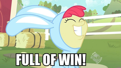 Size: 900x512 | Tagged: safe, edit, edited screencap, screencap, apple bloom, earth pony, pony, family appreciation day, g4, adorabloom, animal costume, bunny bloom, bunny costume, clothes, costume, cute, female, hub logo, image macro, reaction image, smiling, solo, win