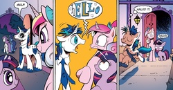 Size: 1036x540 | Tagged: safe, artist:andy price, idw, official comic, night light, princess cadance, shining armor, twilight sparkle, twilight velvet, alicorn, pony, unicorn, g4, neigh anything, spoiler:comic, spoiler:comic11, butt, colt, dilated pupils, female, filly, filly twilight sparkle, head tilt, hello, little tongue, male, mare, meme origin, messy mane, nailed it, origins, plot, question mark, screaming armor, shiny eyes, ship:shiningcadance, shipping, smooth, stallion, straight, unshorn fetlocks, younger