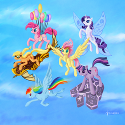 Size: 4000x4000 | Tagged: safe, artist:dalagar, applejack, fluttershy, pinkie pie, rainbow dash, rarity, twilight sparkle, earth pony, pegasus, pony, unicorn, g4, balloon, day, flying, glimmer wings, goggles, mane six, sky, steampunk, then watch her balloons lift her up to the sky, unicorn twilight