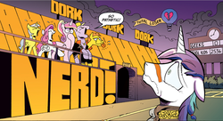 Size: 1028x559 | Tagged: safe, idw, official comic, buck withers, diamond rose, flank thrasher, lemony gem, princess cadance, shining armor, earth pony, pegasus, pony, unicorn, g4, spoiler:comic, spoiler:comic11, female, heartbreak, male, mare, mocking, sad, speech bubble, stallion