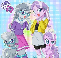 Size: 900x863 | Tagged: safe, artist:uotapo, diamond tiara, silver spoon, earth pony, pony, equestria girls, adorabullies, boots, bracelet, clothes, cute, diamondbetes, female, filly, glasses, hand on hip, human ponidox, jacket, jewelry, laughingmares.jpg, looking at you, necklace, noblewoman's laugh, open mouth, pearl necklace, shirt, shoes, silverbetes, skirt, square crossover