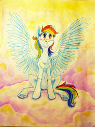 Size: 2248x3012 | Tagged: safe, artist:mariaruta, rainbow dash, g4, cloud, cloudy, female, looking up, sitting, solo, spread wings, traditional art, underhoof