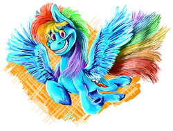 Size: 2112x1600 | Tagged: safe, artist:ishtardragon, rainbow dash, g4, female, grin, looking at you, smiling, solo, spread wings, unshorn fetlocks, wings