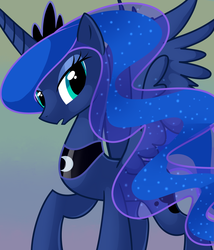 Size: 3000x3500 | Tagged: safe, artist:aaplepieeru, princess luna, alicorn, pony, g4, female, gradient background, jewelry, looking at you, mare, open mouth, raised hoof, regalia, solo, standing