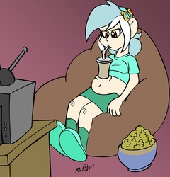 Size: 576x599 | Tagged: safe, artist:pembroke, lyra heartstrings, human, g4, belly button, chubby, drink, fat, female, humanized, lazy, light skin, muffin top, sitting, solo, television, weight gain