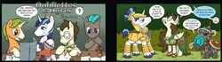 Size: 1594x447 | Tagged: safe, artist:katie cook, idw, official comic, 8-bit (g4), gaffer, gizmo, shining armor, dwarf, elf, g4, spoiler:comic11, androgynous, bag of holding, crossdressing, dungeons and dragons, eyepatch, fantasy class, glasses, katie does it again, knight, lejandar gygax, nerd, nerd pony, ogres and oubliettes, paladin, round glasses, tabletop game, warrior
