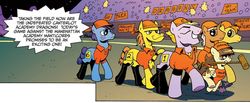 Size: 1018x421 | Tagged: safe, idw, official comic, buck withers, flank thrasher, wild fire, earth pony, pegasus, pony, unicorn, g4, spoiler:comic, spoiler:comic11, female, filly, m*a*s*h, m.a.s.h, male, mouth hold, polo, stallion