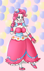 Size: 937x1510 | Tagged: safe, artist:asdf314159265, pinkie pie, human, g4, balloon, breasts, busty pinkie pie, cleavage, clothes, dignified wear, dress, female, gala dress, humanized, light skin, solo