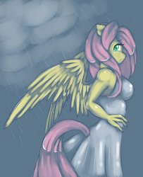 Size: 600x738 | Tagged: dead source, safe, artist:misukitty, fluttershy, anthro, g4, clothes, crying, dress, female, rain, solo, wet