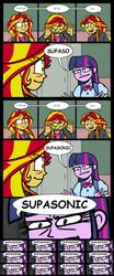 Size: 1021x2452 | Tagged: safe, artist:zicygomar, edit, sunset shimmer, twilight sparkle, equestria girls, g4, comic, song reference