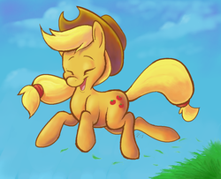 Size: 600x488 | Tagged: safe, artist:violetvampirevixen, applejack, g4, eyes closed, female, grass, jumping, solo